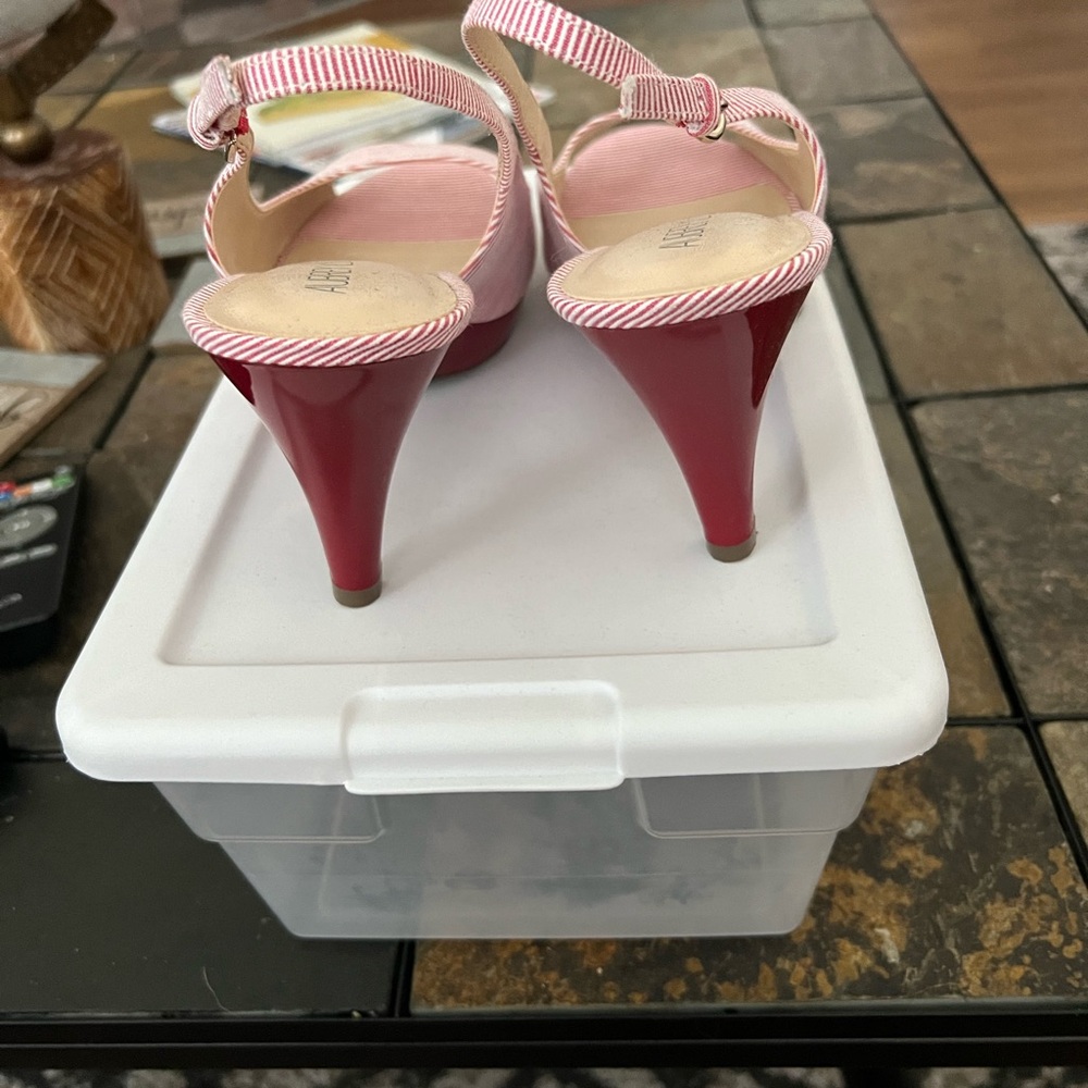 Red Pin Stripe Heels With Matching 2 In 1 Purse - image 3